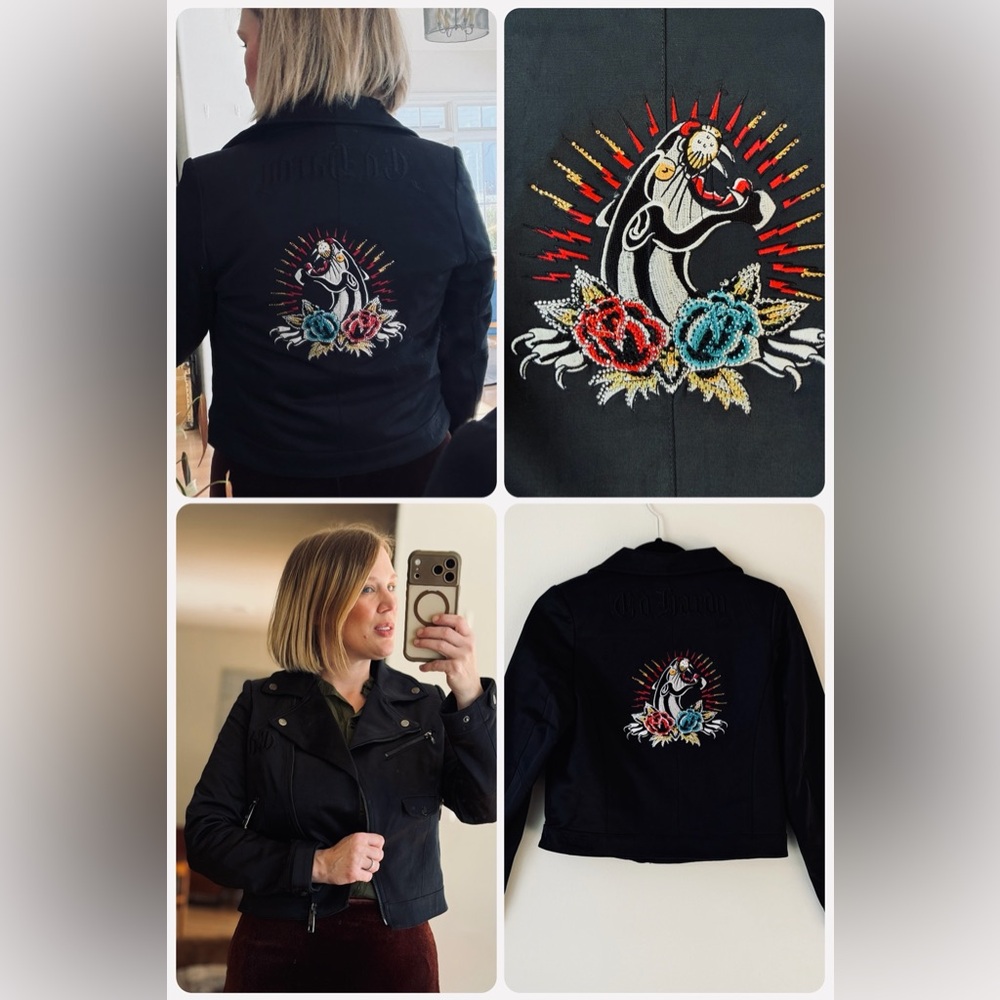 NWOT Ed Hardy Panther Sequin Black Bomber Jacket Embroidery Coat Moto Medium